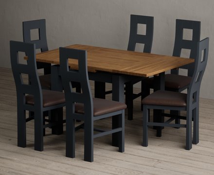 Extending buxton 90cm oak and dark blue dining table with 6 brown painted chairs