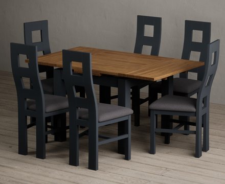 Extending buxton 90cm oak and dark blue dining table with 6 charcoal grey painted chairs