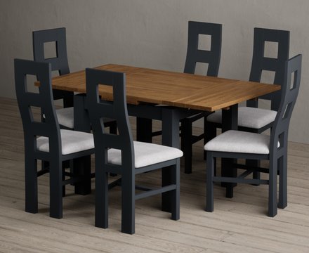 Extending buxton 90cm oak and dark blue dining table with 6 light grey painted chairs