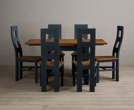 Extending buxton 90cm oak and dark blue dining table with 6 rustic oak painted chairs