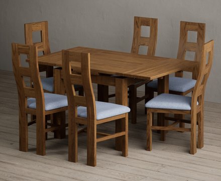 Extending buxton 90cm rustic solid oak dining table with 6 blue rustic solid oak chairs