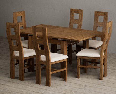 Extending buxton 90cm rustic solid oak dining table with 6 linen rustic solid oak chairs