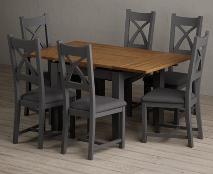 Extending buxton 90cm oak and charcoal grey dining table with 6 charcoal grey painted chairs