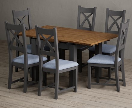 Extending buxton 90cm oak and charcoal grey dining table with 6 blue painted chairs