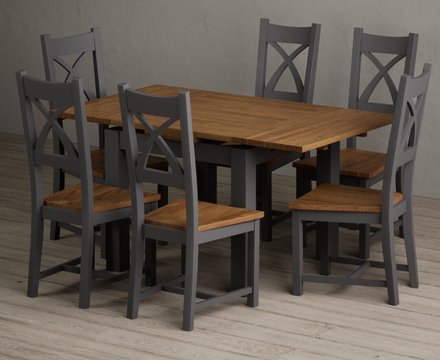 Extending buxton 90cm oak and charcoal grey dining table with 6 rustic oak painted chairs