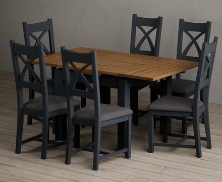 Extending buxton 90cm oak and dark blue dining table with 6 charcoal grey painted chairs