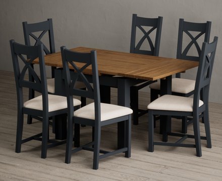 Extending buxton 90cm oak and dark blue dining table with 6 linen painted chairs