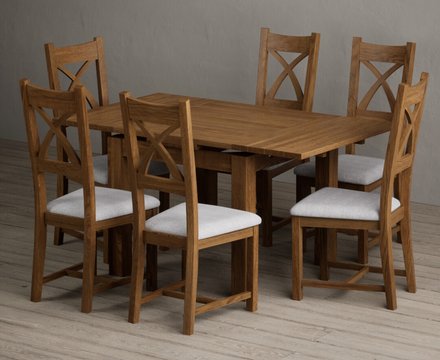 Extending buxton 90cm rustic solid oak dining table with 6 light grey rustic solid oak chairs