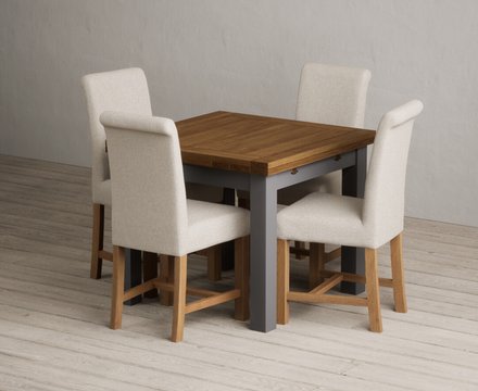 Extending buxton 90cm oak and charcoal grey dining table with 4 natural braced chairs