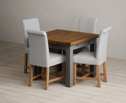 Extending buxton 90cm oak and charcoal grey dining table with 4 grey braced chairs