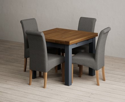 Extending buxton 90cm oak and dark blue dining table with 4 charcoal grey scroll back chairs