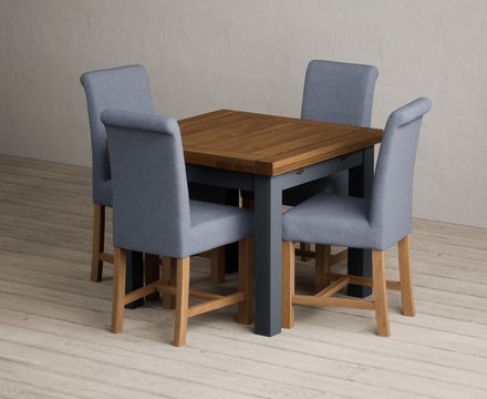 Extending buxton 90cm oak and dark blue dining table with 4 blue braced chairs