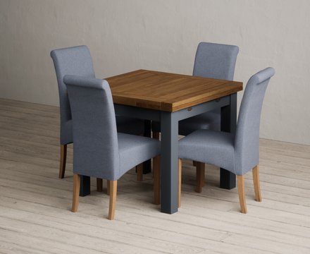 Extending buxton 90cm oak and dark blue dining table with 4 blue scroll back chairs