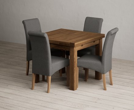 Extending buxton 90cm rustic solid oak dining table with 4 charcoal grey scroll back chairs