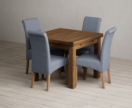 Extending buxton 90cm rustic solid oak dining table with 4 blue scroll back chairs