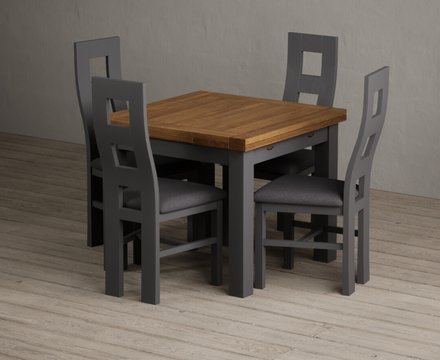 Extending buxton 90cm oak and charcoal grey dining table with 4 charcoal grey painted chairs