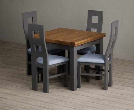 Extending buxton 90cm oak and charcoal grey dining table with 4 blue painted chairs
