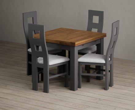 Extending buxton 90cm oak and charcoal grey dining table with 4 light grey painted chairs