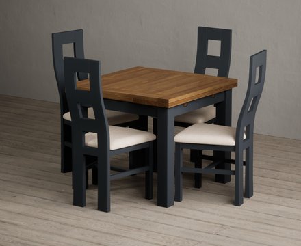 Extending buxton 90cm oak and dark blue dining table with 4 linen painted chairs