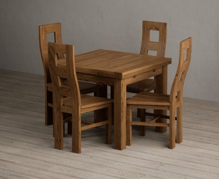 Extending buxton 90cm rustic solid oak dining table with 4 rustic oak rustic solid oak chairs