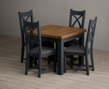 Extending buxton 90cm oak and dark blue dining table with 4 charcoal grey painted chairs