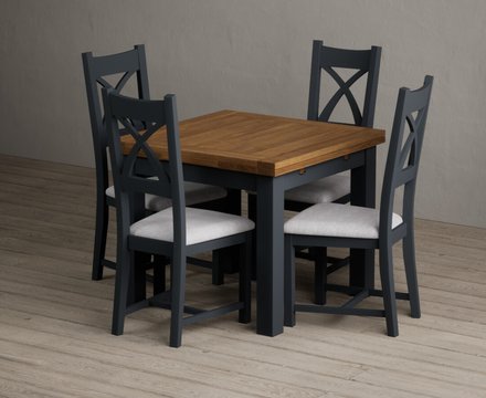 Extending buxton 90cm oak and dark blue dining table with 4 light grey painted chairs