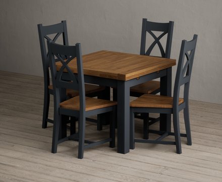 Extending buxton 90cm oak and dark blue dining table with 4 rustic oak painted chairs