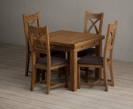 Extending buxton 90cm rustic solid oak dining table with 4 brown rustic solid oak chairs