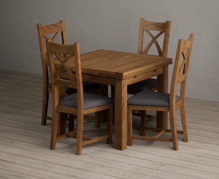 Extending buxton 90cm rustic solid oak dining table with 4 charcoal grey rustic solid oak chairs