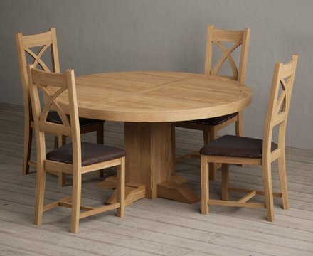 Helmsley 150cm solid oak round pedestal dining table with 4 brown natural solid oak chairs
