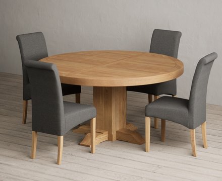 Helmsley 150cm solid oak round pedestal dining table with 4 charcoal grey scroll back chairs