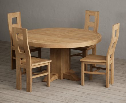 Helmsley 150cm solid oak round pedestal dining table with 4 oak natural chairs