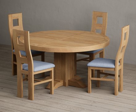 Helmsley 150cm solid oak round pedestal dining table with 4 blue natural chairs