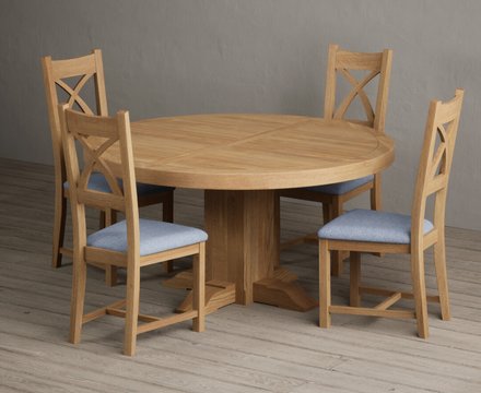 Helmsley 150cm solid oak round pedestal dining table with 4 blue natural solid oak chairs