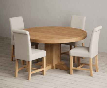 Helmsley 150cm solid oak round pedestal dining table with 4 natural braced chairs