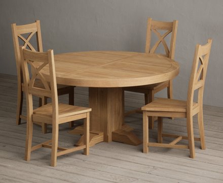 Helmsley 150cm solid oak round pedestal dining table with 4 oak natural chairs