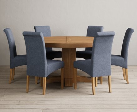 Helmsley 150cm solid oak round pedestal dining table with 6 blue scroll back chairs