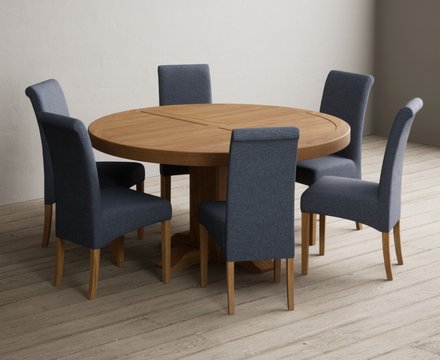 Helmsley 150cm solid oak round pedestal dining table with 8 blue scroll back chairs