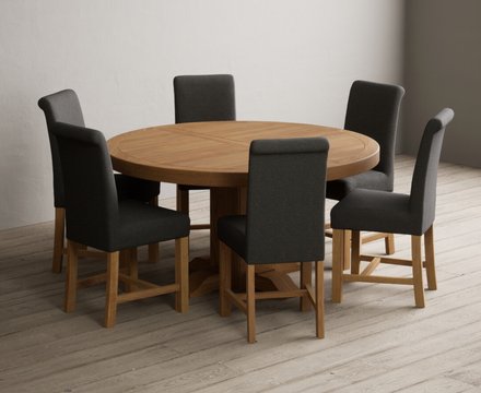 Helmsley 150cm solid oak round pedestal dining table with 8 charcoal grey braced chairs