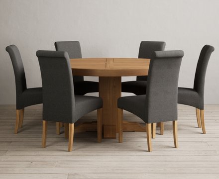 Helmsley 150cm solid oak round pedestal dining table with 6 charcoal grey scroll back chairs