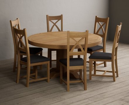 Helmsley 150cm solid oak round pedestal dining table with 8 charcoal grey natural solid oak chairs