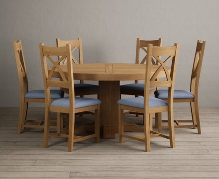 Helmsley 150cm solid oak round pedestal dining table with 6 blue natural solid oak chairs