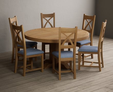 Helmsley 150cm solid oak round pedestal dining table with 8 blue natural solid oak chairs