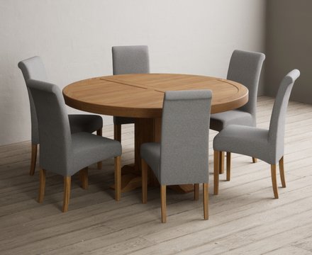 Helmsley 150cm solid oak round pedestal dining table with 8 grey scroll back chairs