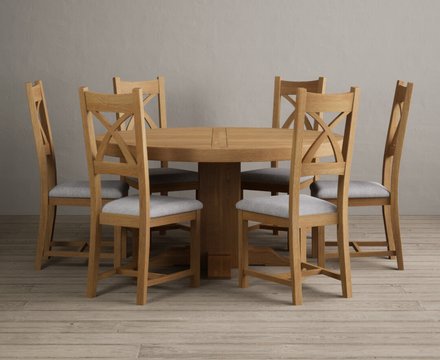 Helmsley 150cm solid oak round pedestal dining table with 6 light grey natural solid oak chairs