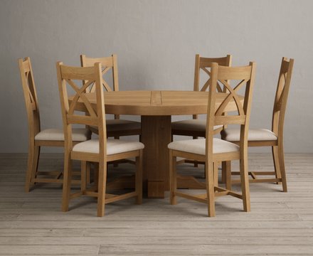Helmsley 150cm solid oak round pedestal dining table with 6 linen natural solid oak chairs