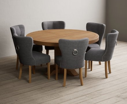 Helmsley 150cm solid oak round pedestal dining table with 8 grey keswick chairs