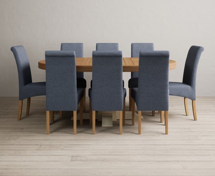 Extending helmsley oak and cream painted pedestal dining table with 8 blue scroll back chairs
