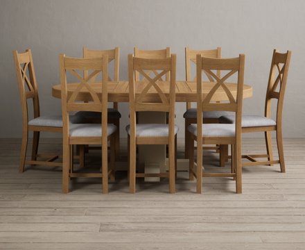 Extending helmsley oak and cream painted pedestal dining table with 8 light grey natural solid oak chairs