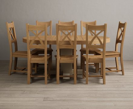 Extending helmsley oak and cream painted pedestal dining table with 8 oak natural chairs